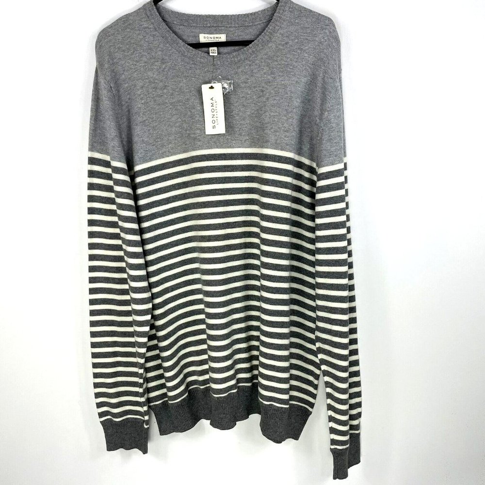 NEW Sonoma Mens Sweater Size‎ XXL 2X Gray Pullover Crewneck Striped Long Sleeve